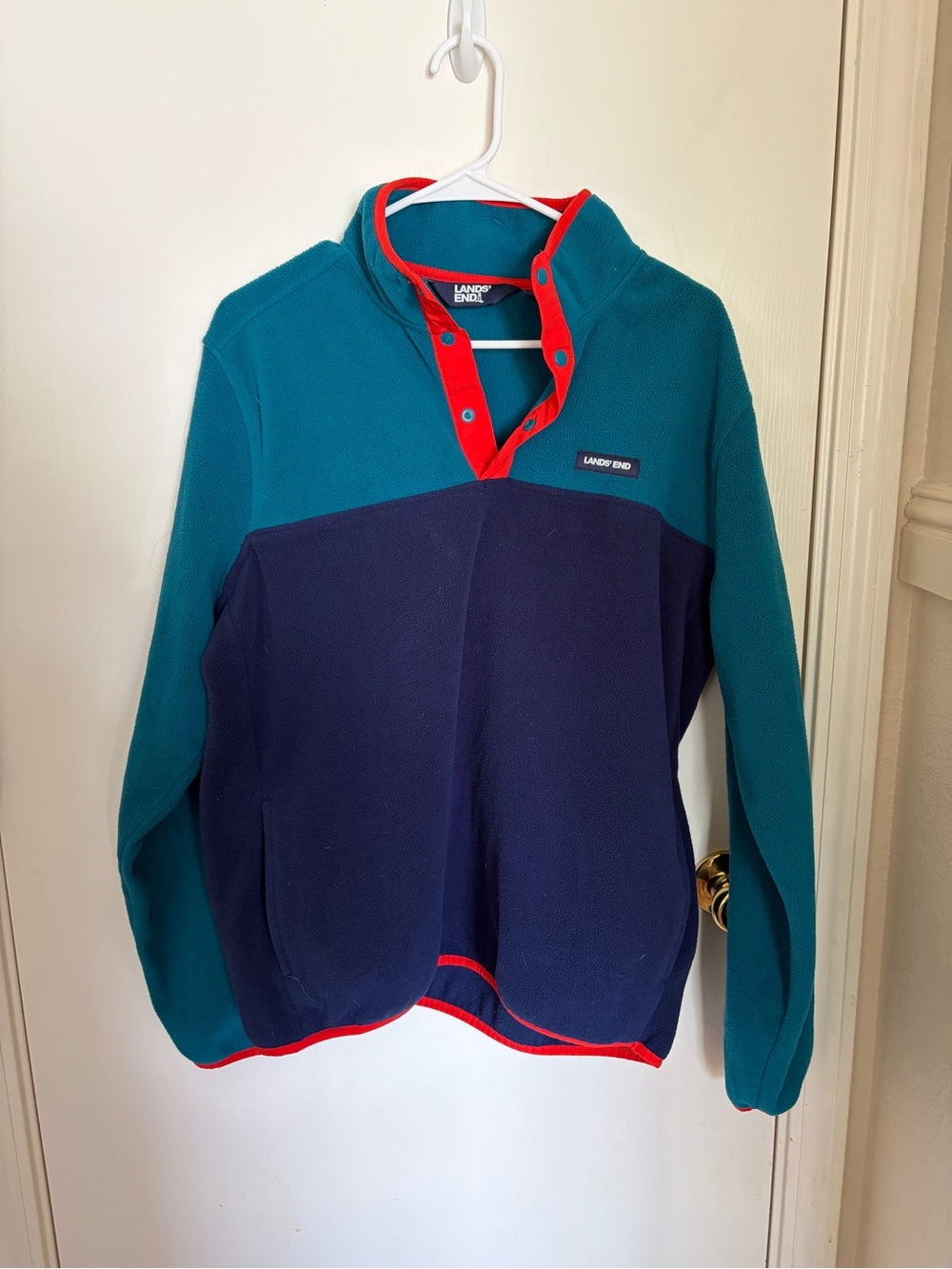 Lands' End Teal and Navy Snap-Front Fleece Pullover with Red Trim